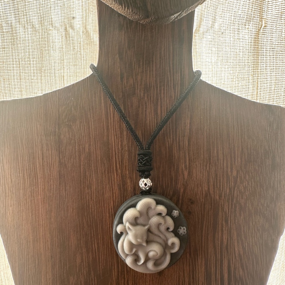 Tai Chi Stone Nine Tail Fox Pendant on Black Adjustable Rope - Picture 9 of 15